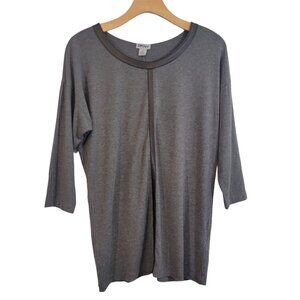 DKNY Top Shirt Gray Black‎ 3/4 Sleeve Faux Leather Trim Womens Size XS EUC